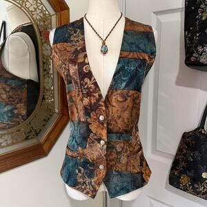 Y2K Rafaella Teal & Dark Brown Paisley Patchwork Whimsy Button Down Vest Top
